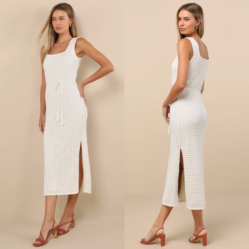 Lulus Sunshine Babe Ivory Knit Crochet Midi Sweater Dress L Wedding Party